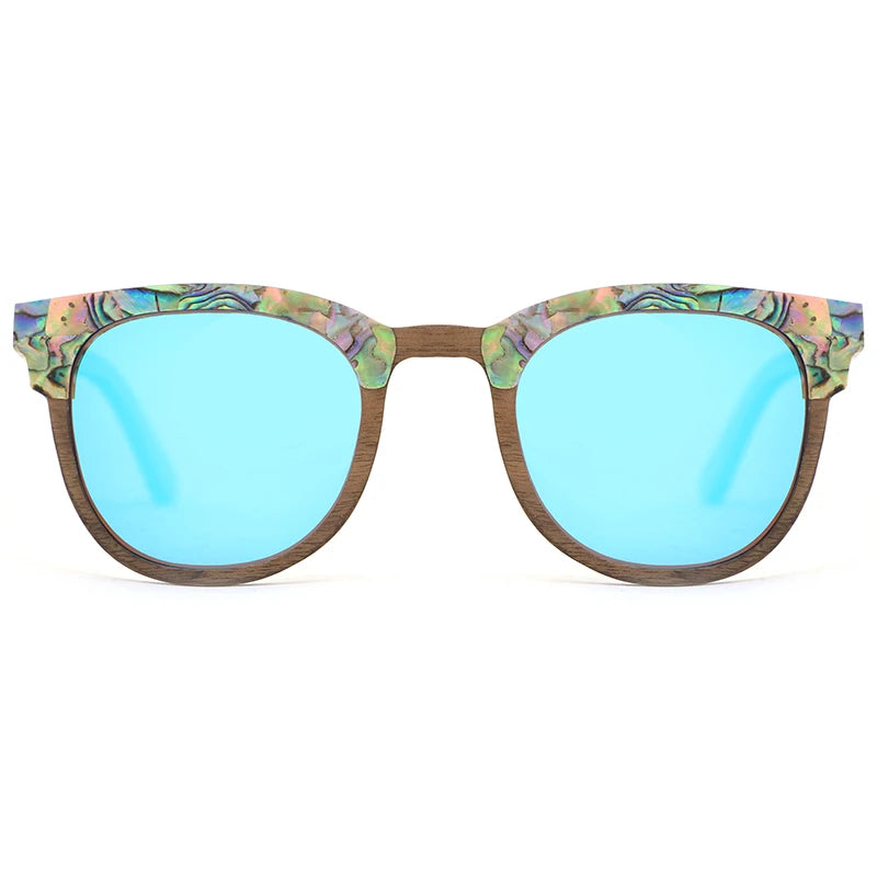 Wholesale UV400 Luxury Black Walnut Shades Ice Blue Polarized Classic Abalone Seashell Real Wood Sunglasses for Men Women