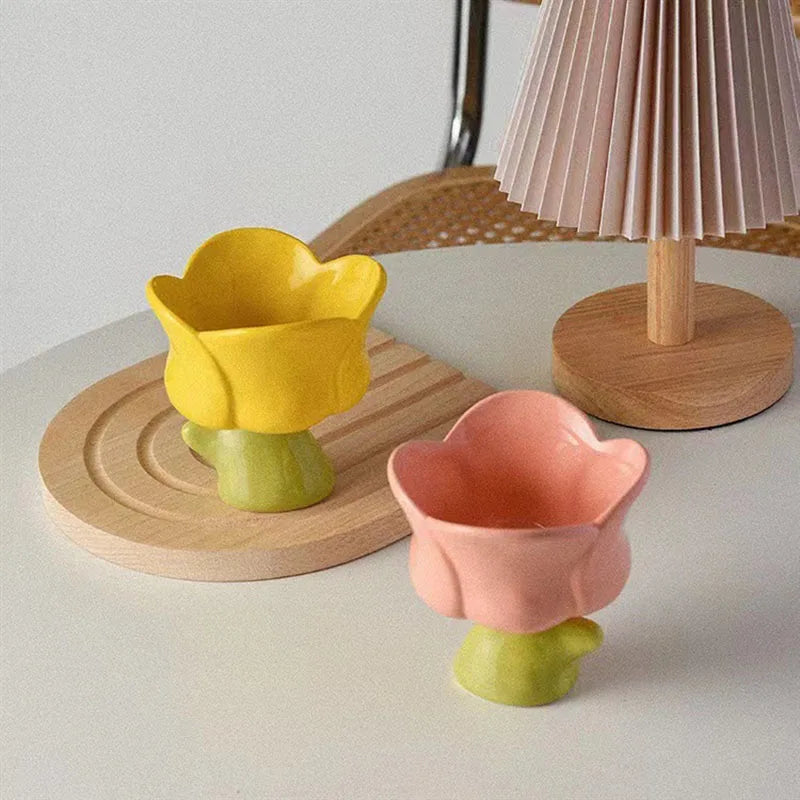 Flower Tulip Shaped Ceramic Glaze Color Dessert Cup Ins Lovely Breakfast Fruit Yogurt Ice Cream Cup