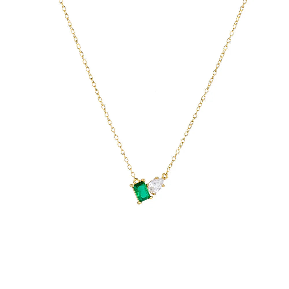 Fashion Jewelry 925 Sterling Silver Geometric square Rectangle Water Drop Emerald Green Diamond Zircon Gold Plated Necklaces Wom
