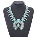Hot Sale Geometric Exaggerate Vintage Bohemian Turquoise Silver Plated Alloy Flower Pendant Necklace Wedding & Party Jewelry Set