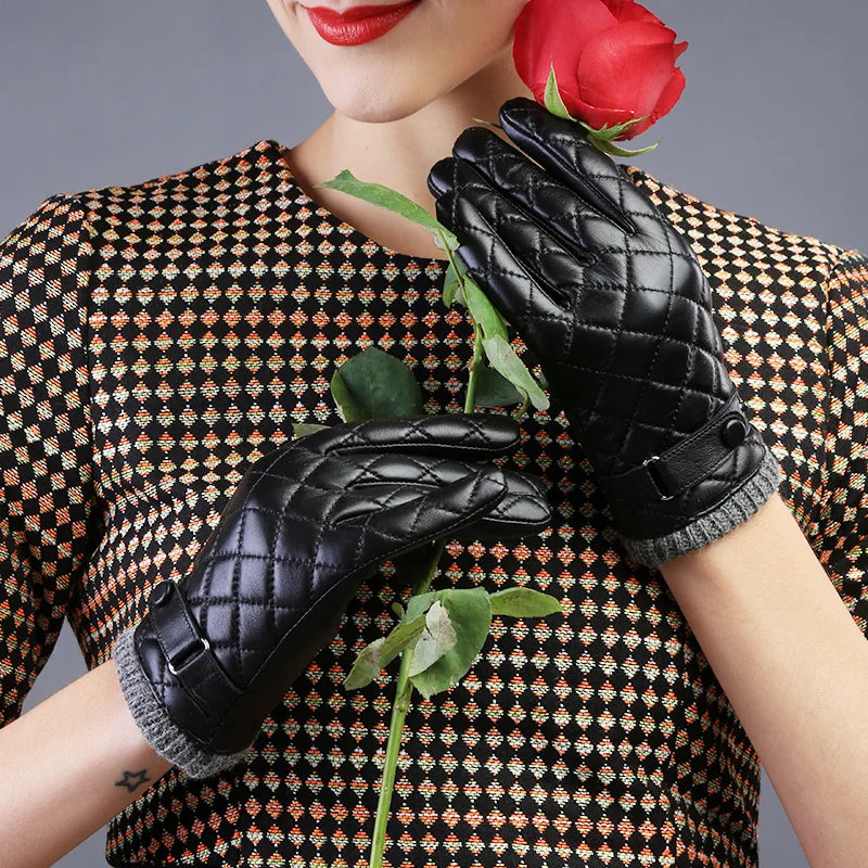 Fashion Touch Screen Bike Cycling Winter Warm Genuine Leather Gloves for Women