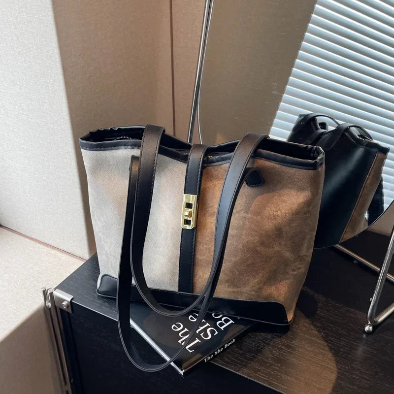 Vintage Women's Shoulder Bag Fashion Patchwork Leather Ladies Tote Bags Large Capacity Female Commuter Underarm Shopping Handbag