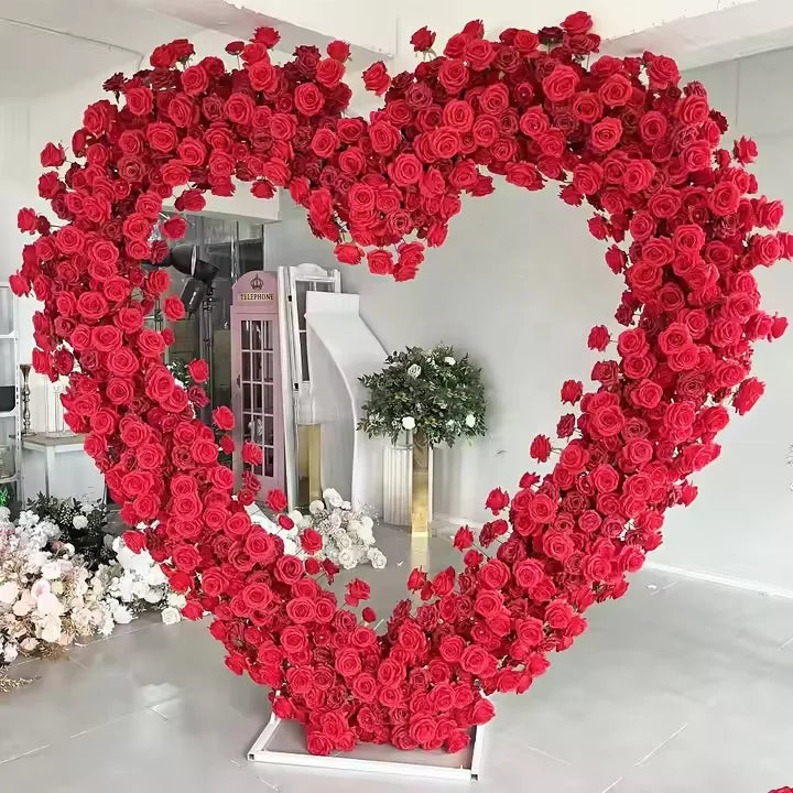 Wedding Red Heart-Shaped Flower Arch Stand Artificial Rose Backdrop for Stage Decoration for Christmas and Valentine's Day