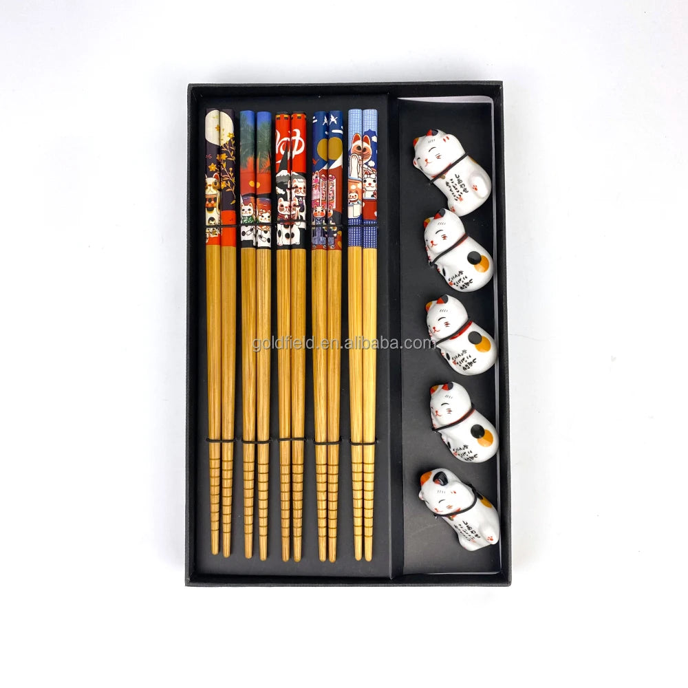 Creative 5-Pair round Bamboo Chopsticks with Lucky Cat Ceramic Rack Reusable Chopsticks Gift Box for Parties