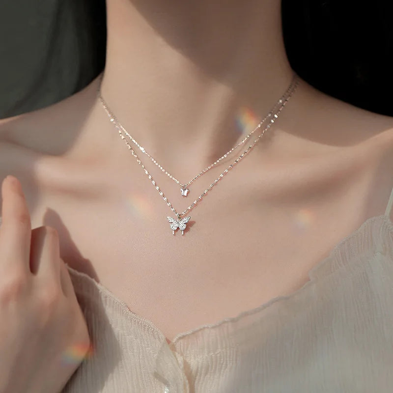 Shiny Micro-inlaid Rhinestone Double Layer Necklace Ladies Exquisite Butterfly Clavicle Chain Necklaces
