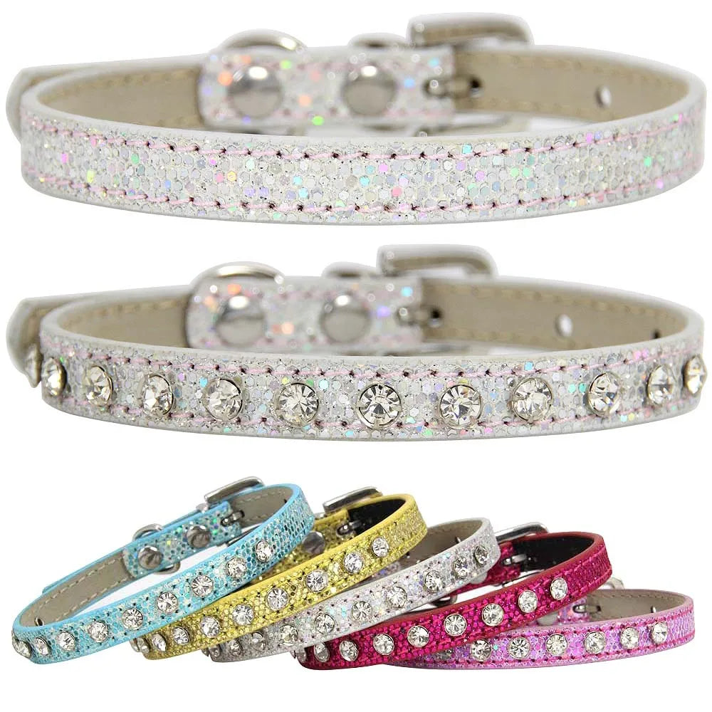 Wholesale PU Leather Glitter Pet Dog Cat Collar with Rhinestones