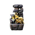 Golden Elephant Family Water Fountain on Rock Base Two-Tier Resin Sculpture with Flowing Waterfall
