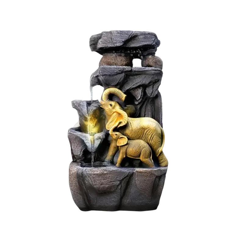 Golden Elephant Family Water Fountain on Rock Base Two-Tier Resin Sculpture with Flowing Waterfall
