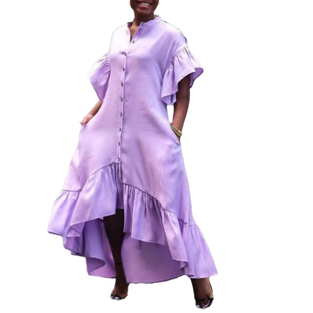 Vintage Buttons up Irregular Oversized Shirt Dresses Women Red Short Ruffle Sleeve Maxi _ Casual African Solid Color Robe