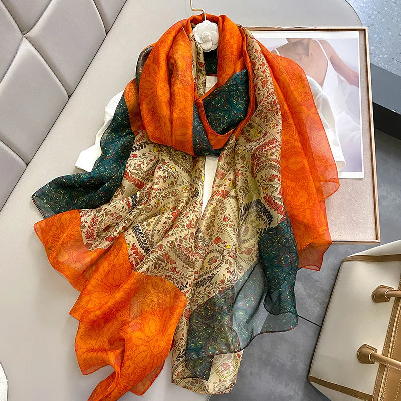 Hot Sale Summer Bright Color Match Hook Flower Printed Chiffon Shawls for Women Elegant Leaf Print Soft Yarn Polyester Scarf
