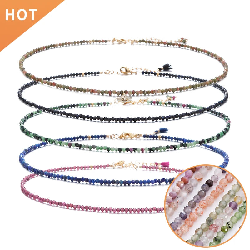 Women Hand Made Color Faceted Round  Real Stone Chunky Jewelry Semi Precious Jade Quartz Gemstone Necklace