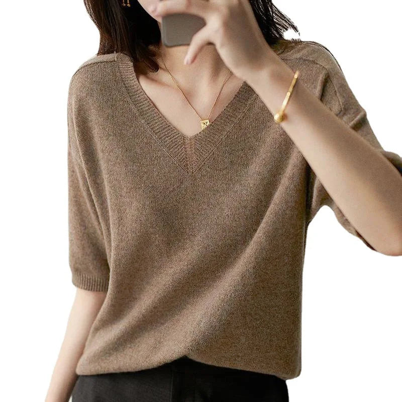 New Fashion Women Knit Tops V-neck Half Sleeve Solid Color Clothes Knitwear T-shirt Loose Casual Pullover Sweater Blouse