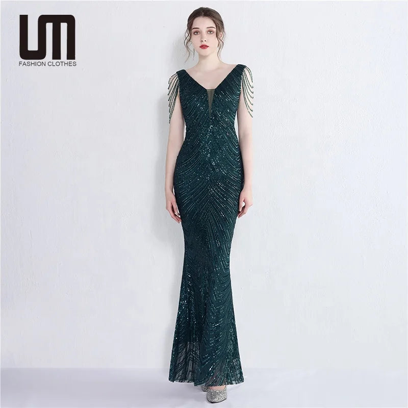 Liu Ming Luxury Women Fashion Sexy Backless Sequined Slim Maxi Wedding Prom Party Dress