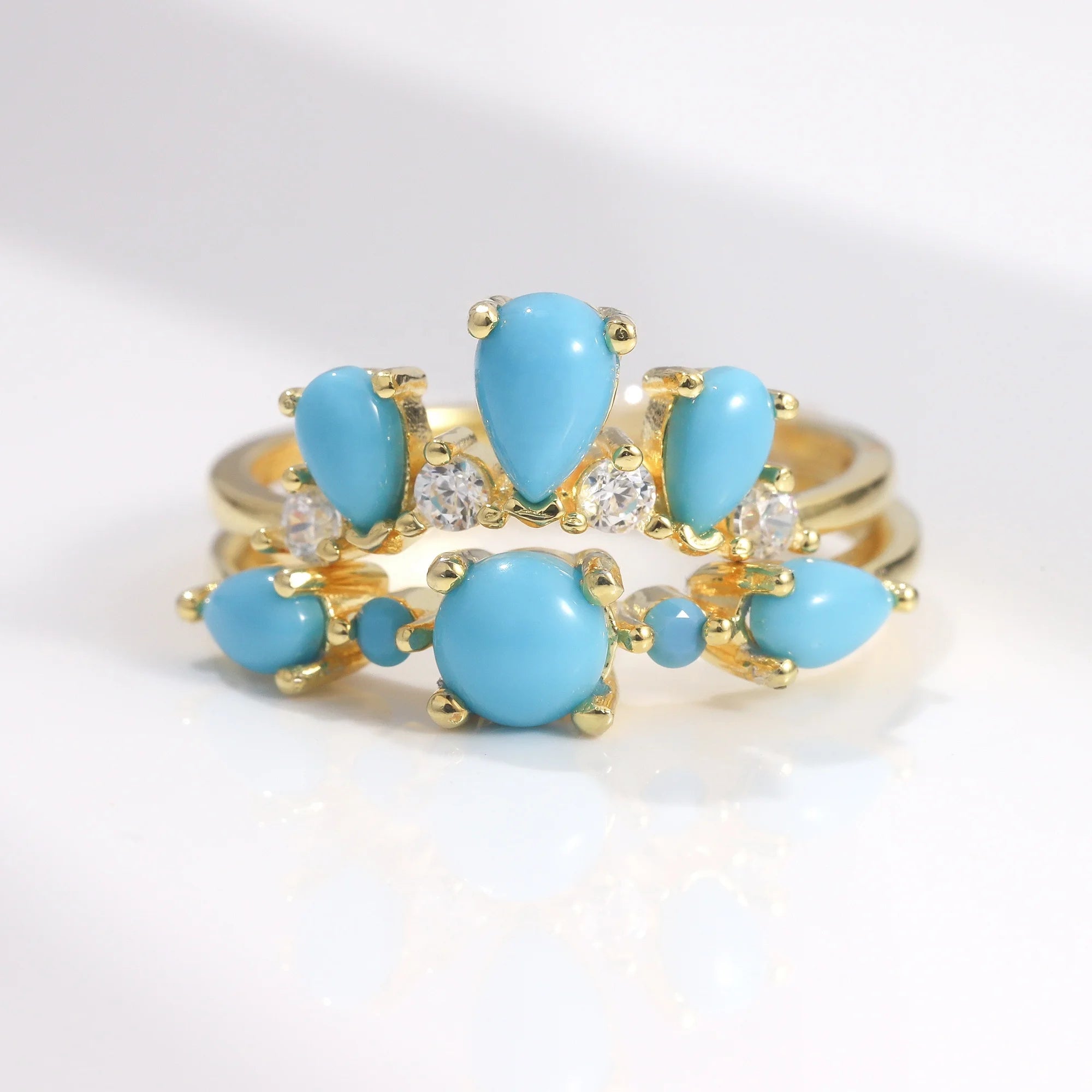 Abiding Fine Jewelry Beautiful Trendy Design 2 Pieces 925 Sterling Silver Synthetic Turquoise Jewelry Ring Set