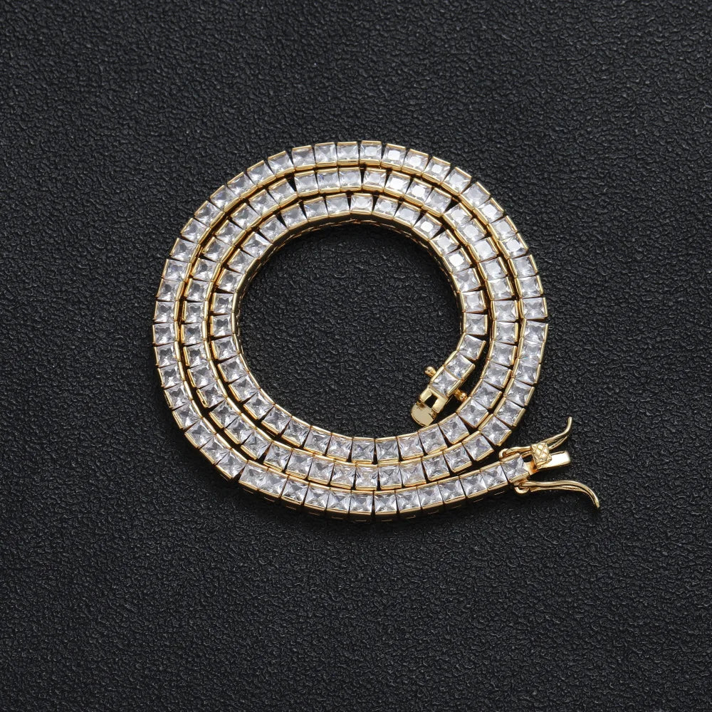 3*3mm Square Micro Zircon Gold Plated Brass Single-Row Strand Hip Hop Style Men's Party Necklace