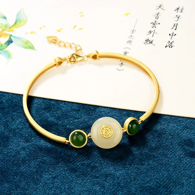 Natural Safeness Jade Link Chain Bangle Women Gold Plated Green Jade