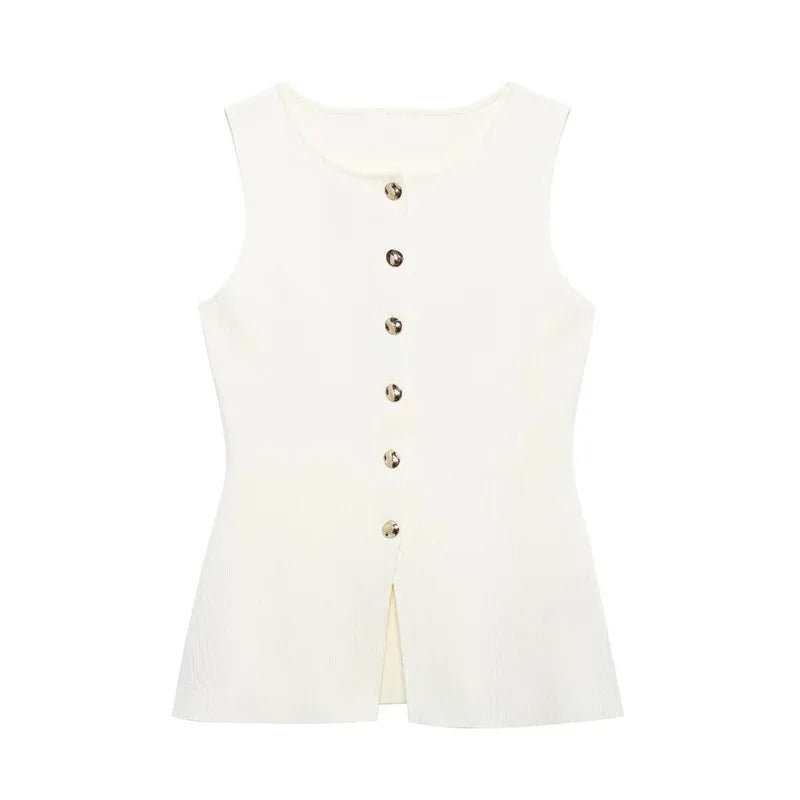 ZATRHMBM Summer Women's Knitwear Vest Top 2024 New Casual Fashion Round Neck Single Breasted Sleeveless Sweater Tank Tops
