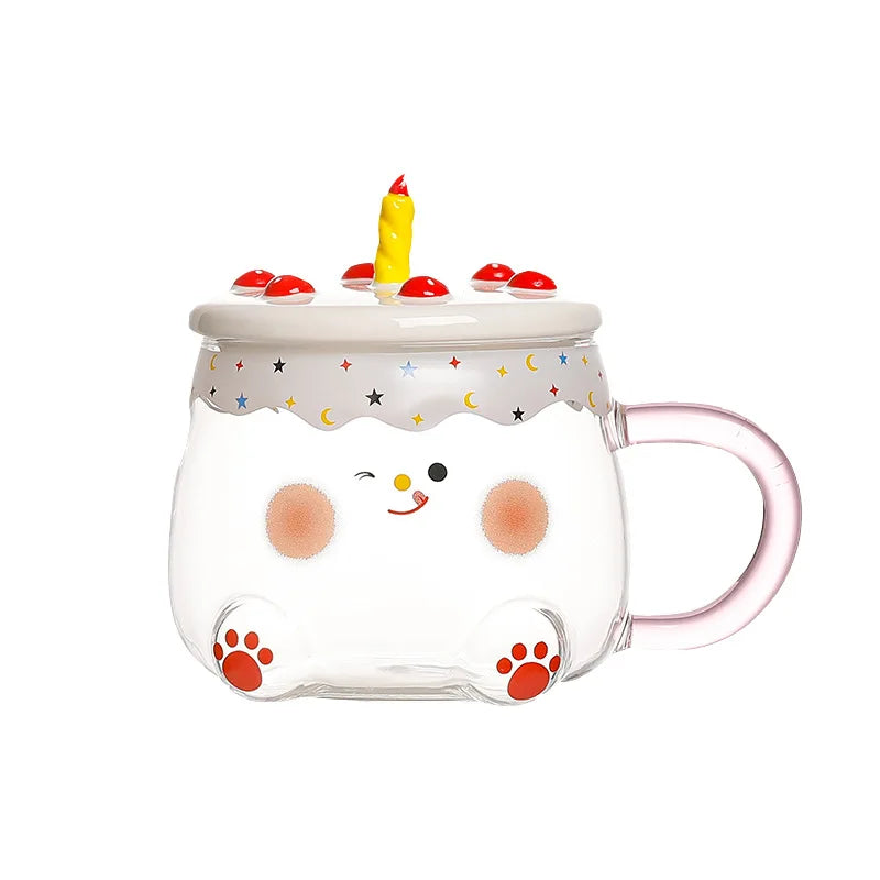Heat Resistant Unbreakable Glass Cups Birthday Present Glass Coffee Cup With Lid Cake Shape Cute Glass Cups