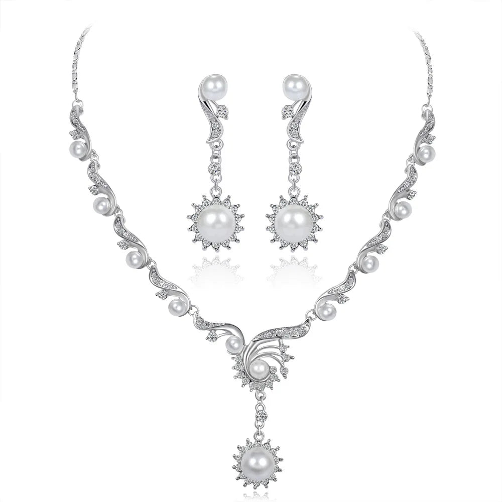 Versatile Korean Rhinestone Custom Crystal Pearl Wedding Necklaces Earring Fashion Fine Jewelry Bridal Necklace Sets for Women