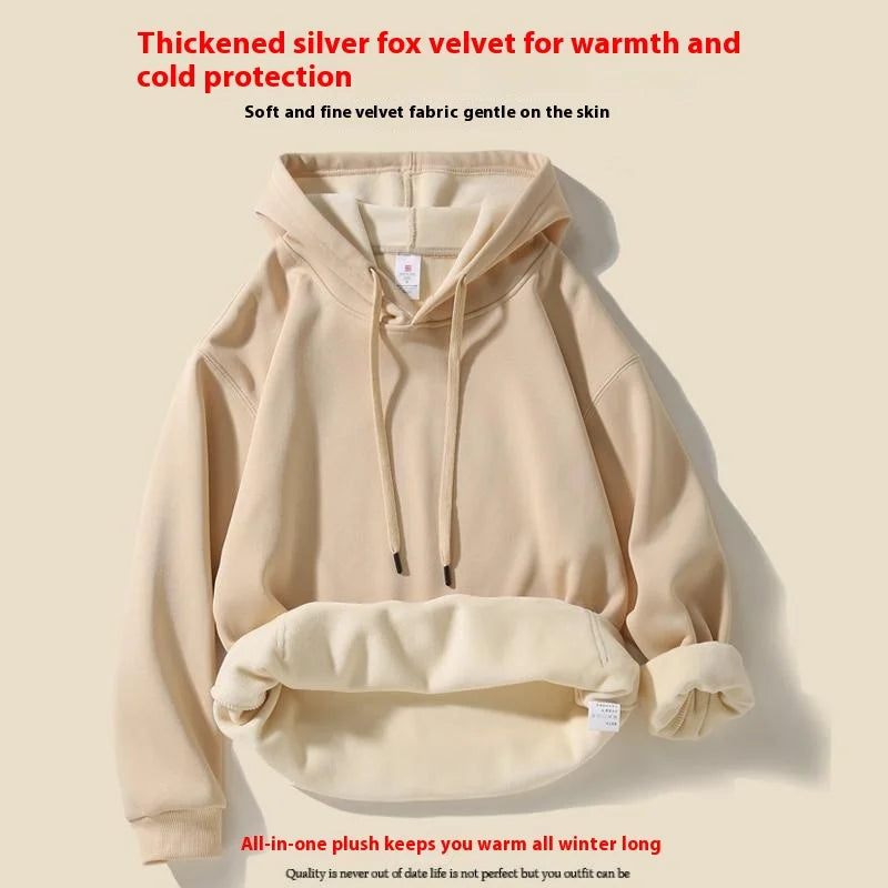 Autumn Winter Korean Style Men's Loose 400g Silver Fox Fleece Anti-Pilling Polyester/Cotton -Shoulder Hooded Sweatshirt Solid