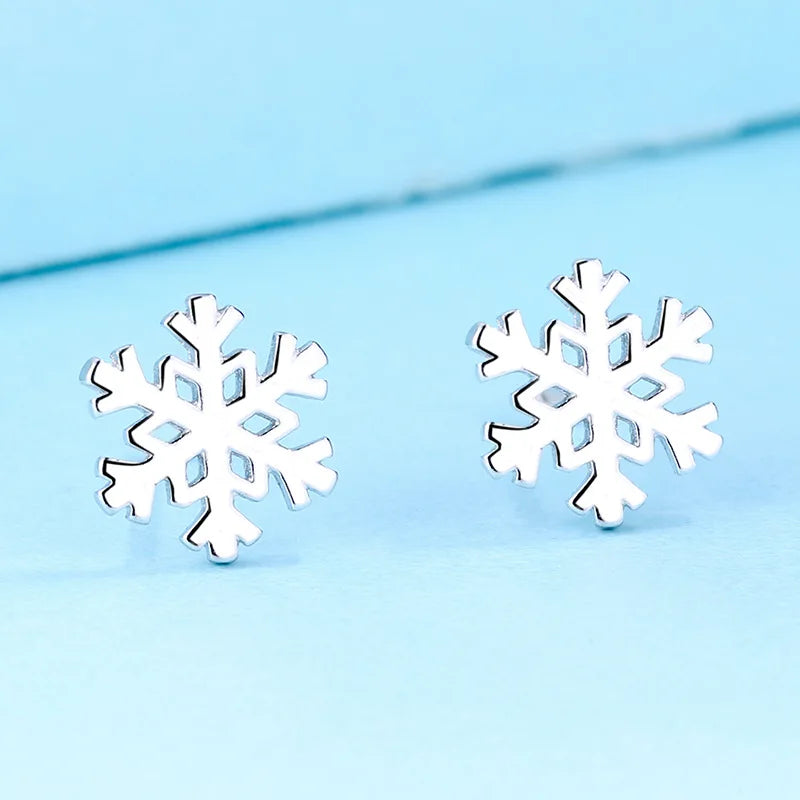 Fashion Simple 925 Sterling Silver Glossy Snowflake Stud Earrings for Girls Women Christmas Gifts