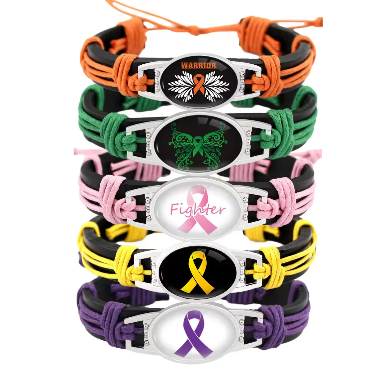 Fighter Warrior Cure Childhood Breast All Cancer Awareness Autism Strong Hope Ribbon Charm Adjustable Genuine Leather Bracelet