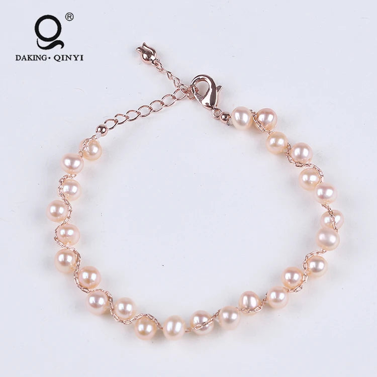 Fashion Round Pink Freshwater Pearl Beads Charm Lady 925 Silver Bracelet