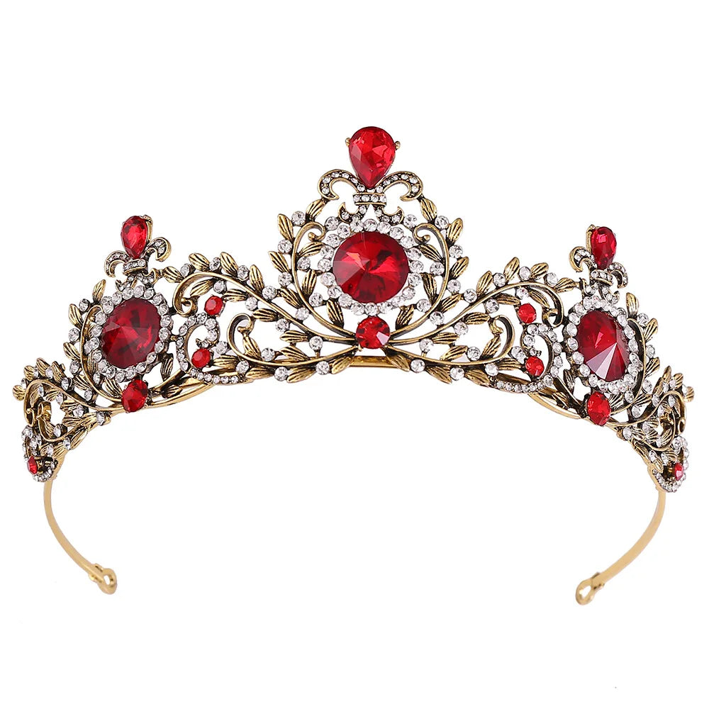 Retro Leaf Crown Bridal Red Rhinestone Tiara Crown Hair Accessories Wedding Headdress Crown Wholesale