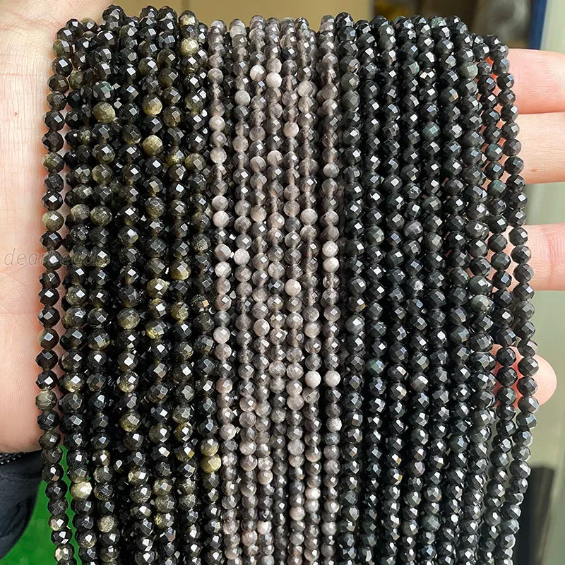 2mm 3mm 4mm Wholesale Natural Faceted Black Gold Silver Obsidian Beads Strands Faceted Stone Bead for Jewelry Making