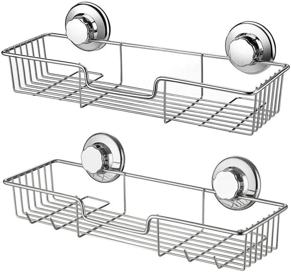 2-Pack Rustproof Stainless Steel Rectangle Storage Basket Dual Tier Wall-Mounted Suction Cups Shower Caddy Bath Shelf Kitchen