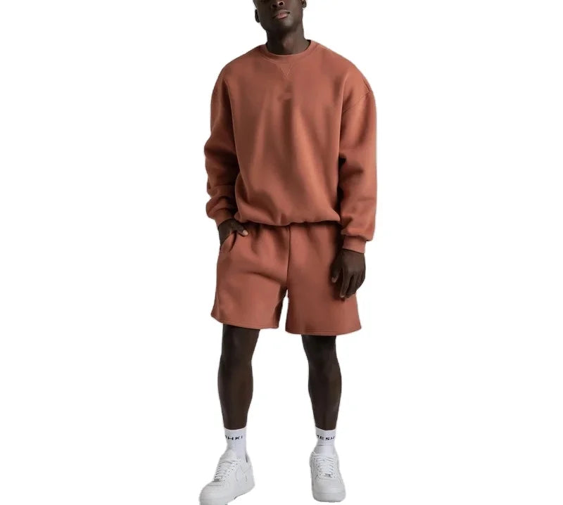 Yali Wholesale Sweatsuit Sweatshirts & Shorts Custom logo Oversized Cotton 2 Piece Sweat Shirts and Short Set Men
