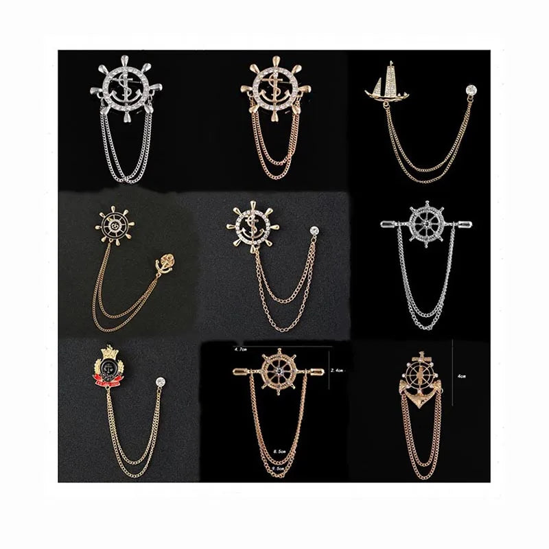 Stylish Full Diamond Anchor Chain Brooch Fashion Mens Ornament Gift Garment Suit Tassel Corsage Classic Gold Silver Lapel Pins