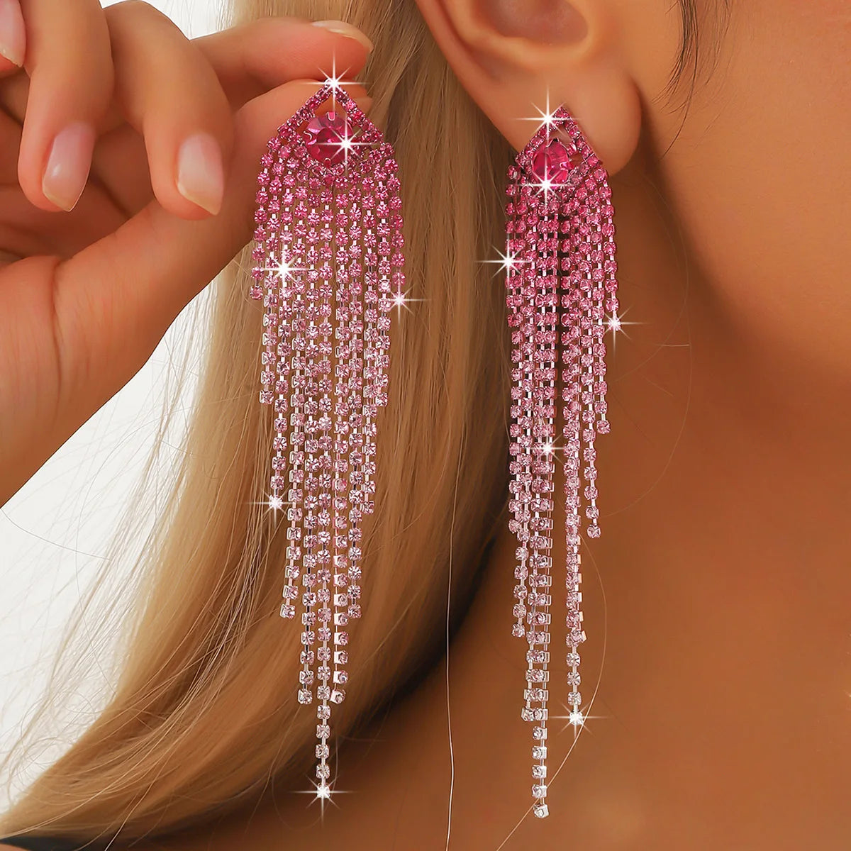 Wholesale Accessories Stylish Long Tassel Earrings with Diamond Accents - European & American Trend