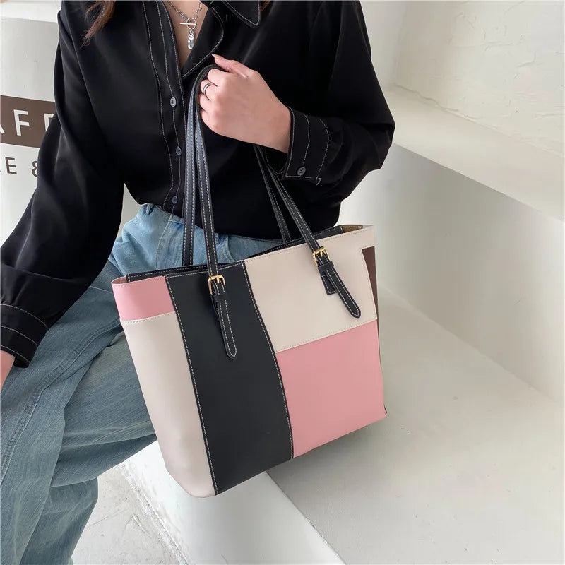 Color Mix Women's Handbag PU Leather Tote Bag for Women Large Capacity Shoulder Lady Handbag for Daily Use Office and Shopping