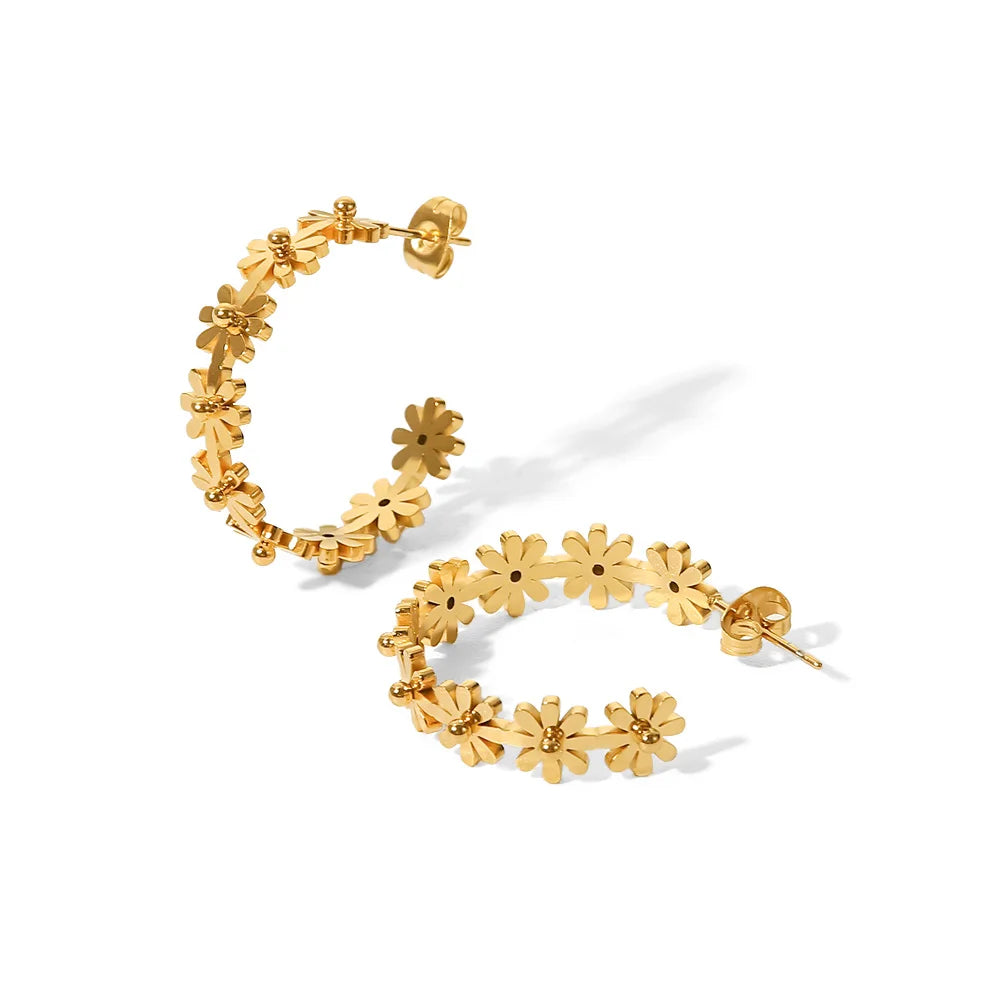 N&S 18K Gold Stainless Steel Geometric Stud Earrings Trendy Vintage Religious Small Flower C-Shaped Hoop Design