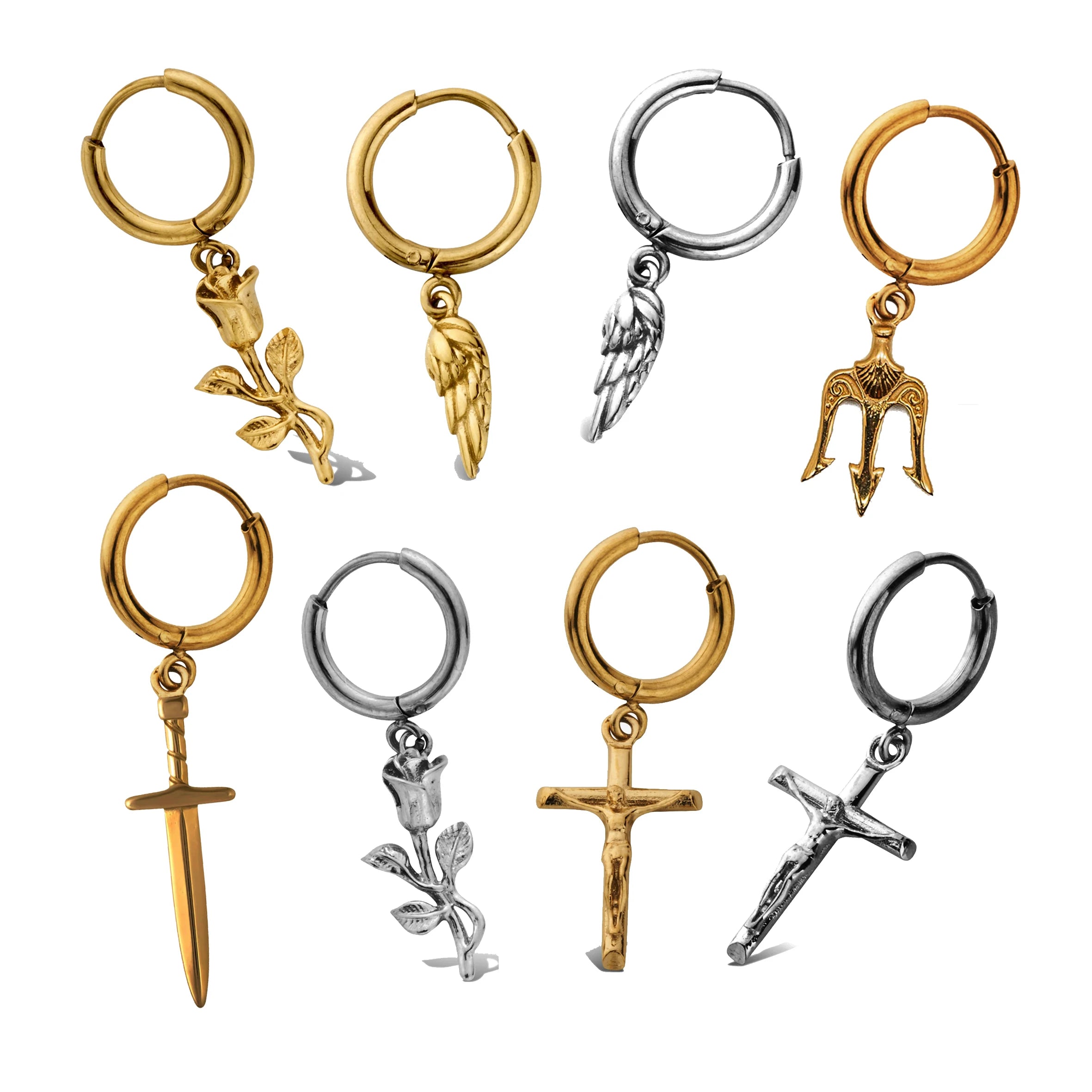 Single Piece Gold Rose Flower Dangle Drop Hoop Earring Women Men Dainty Angel Wing Earrings Hypoallergenic Cross Huggie Earrings