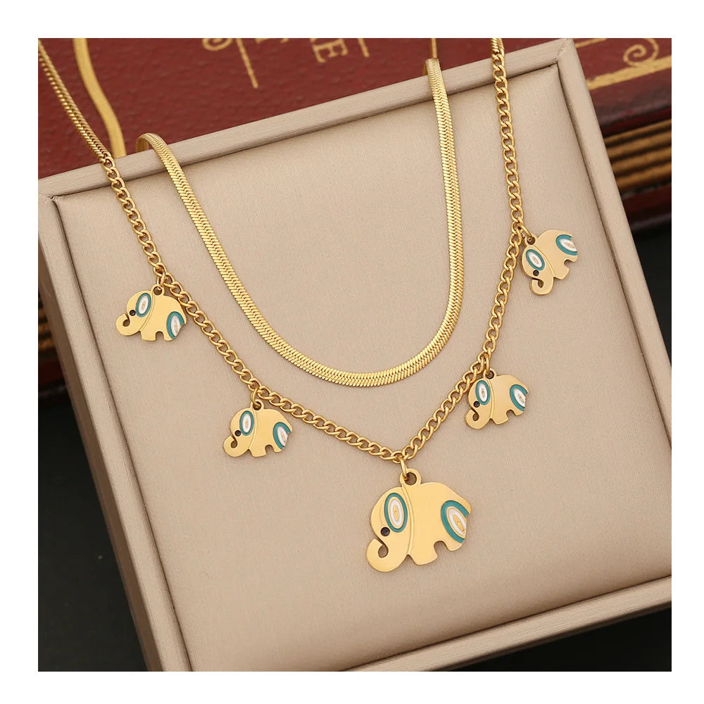Wholesale Gold Plated Stainless Steel Multilayer Animal Jewelry Accessories Set Elephant Pendant Necklace Bracelet Earring Set