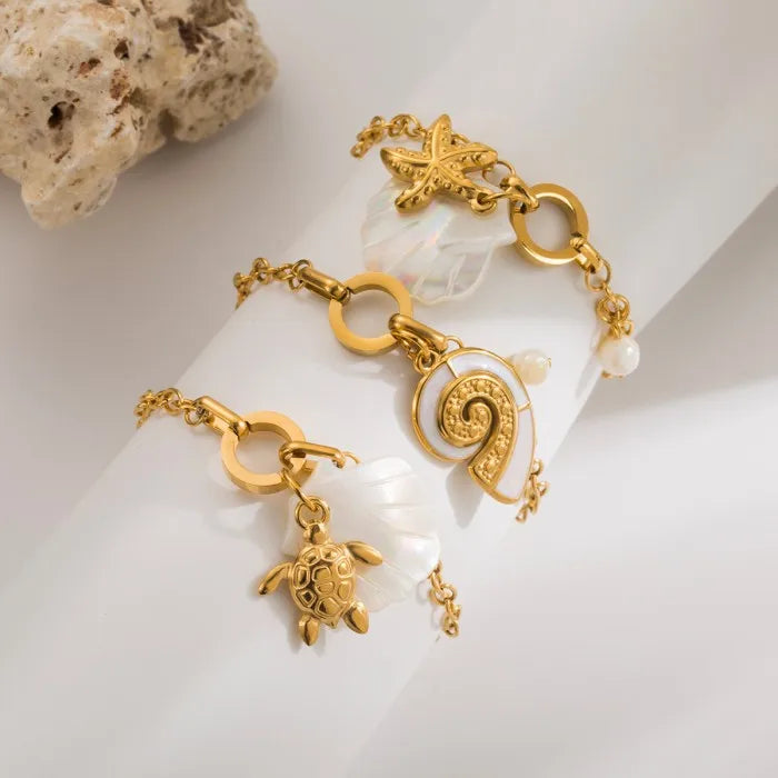 Stainless Steel 14 k Gold Plated Sea Beach Turtle Conch Shell Pendant Bracelet for Women New Waterproof Wrist Chain Jewelry Gift
