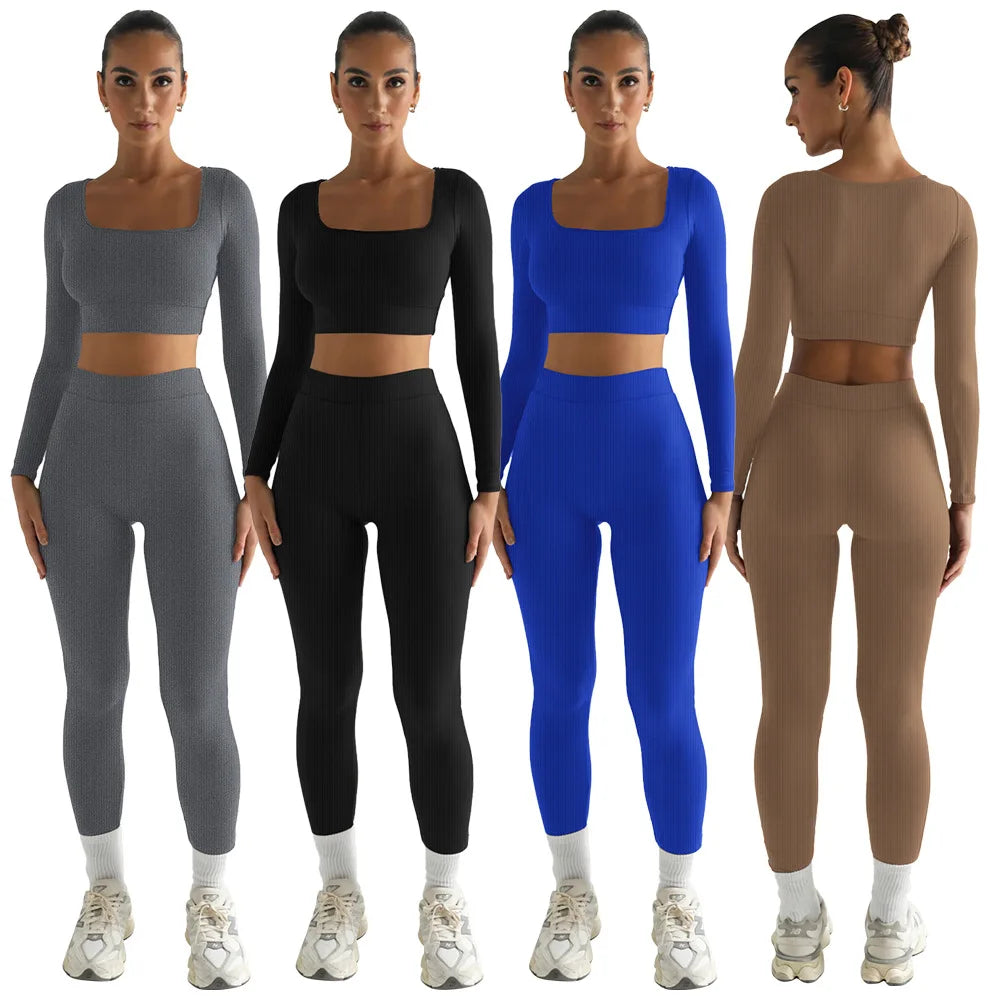 Fashion Women's Activewear Workout Sets Solid Knitting Fabric Breathable Eco-Friendly Gym Fitness Yoga Set