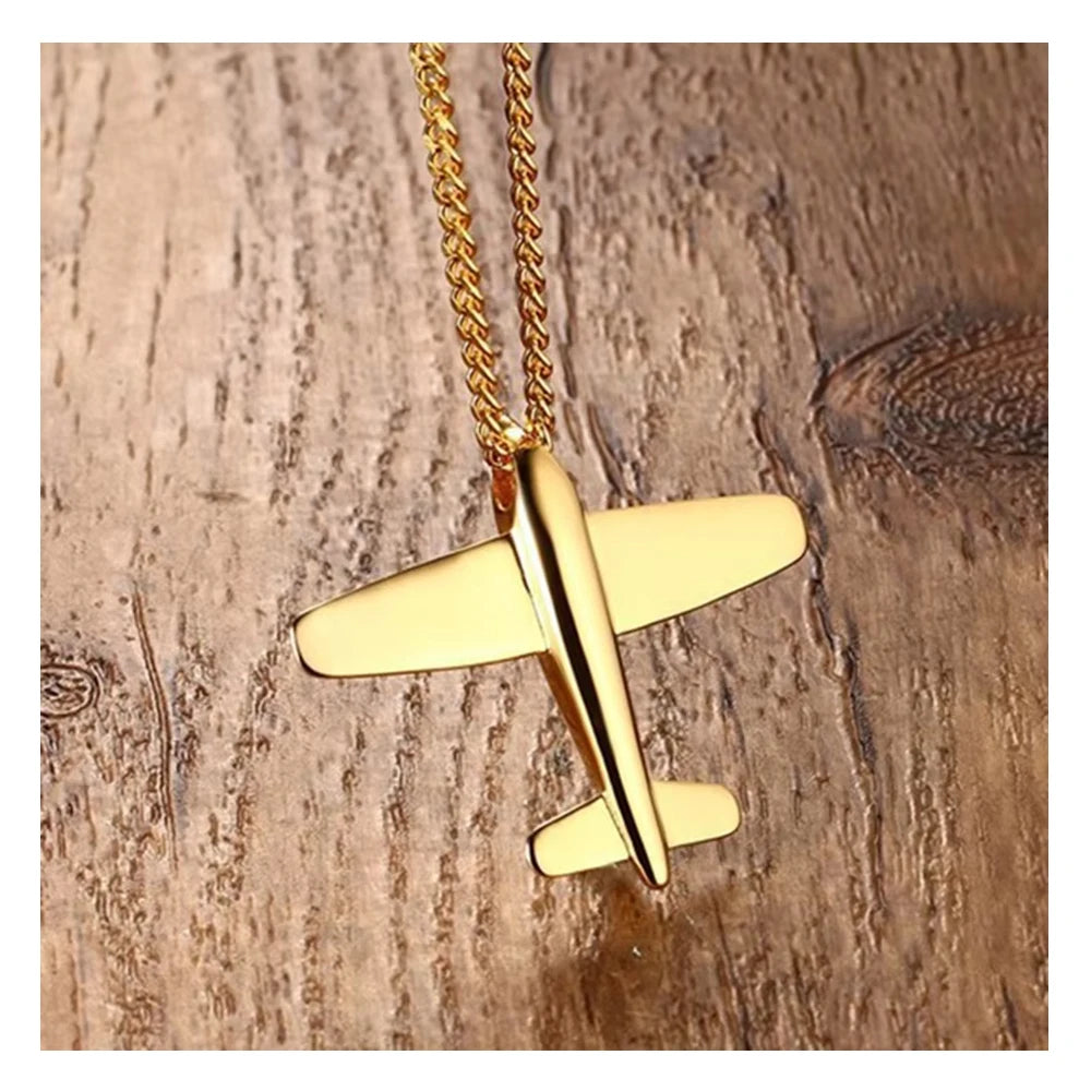 Cuban Chain Link Plane Necklace Non Tarnish Stainless Steel Airplane Pendant Necklace Jewelry for Men Women