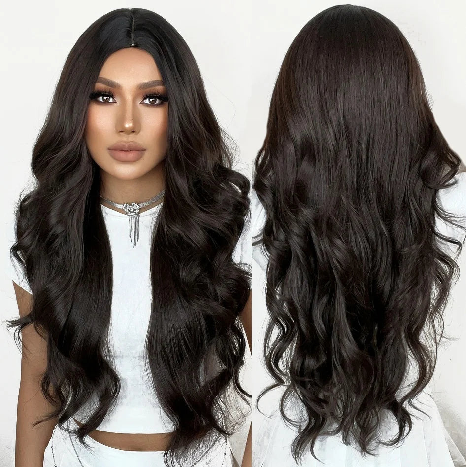 Factory Shipment Long Body Wavy Dark Black Wigs Synthetic Natural Looking False Hair for Women High Quality Daily Party Wig