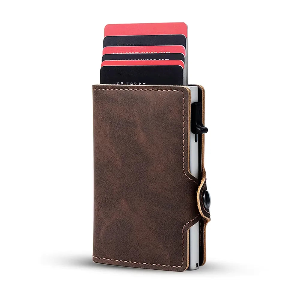 Men and Women RFID Blocking Slim Card Holder with Button Closure Pop-up Leather Wallet for Credit Cards