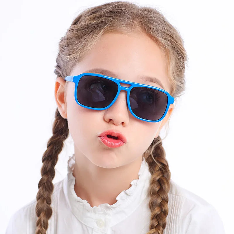 2025 Shades Customizable Blue Frame Kids Sunglasses Polarized Fashion TAC Lens with TPEE Silicone Custom Logo Options