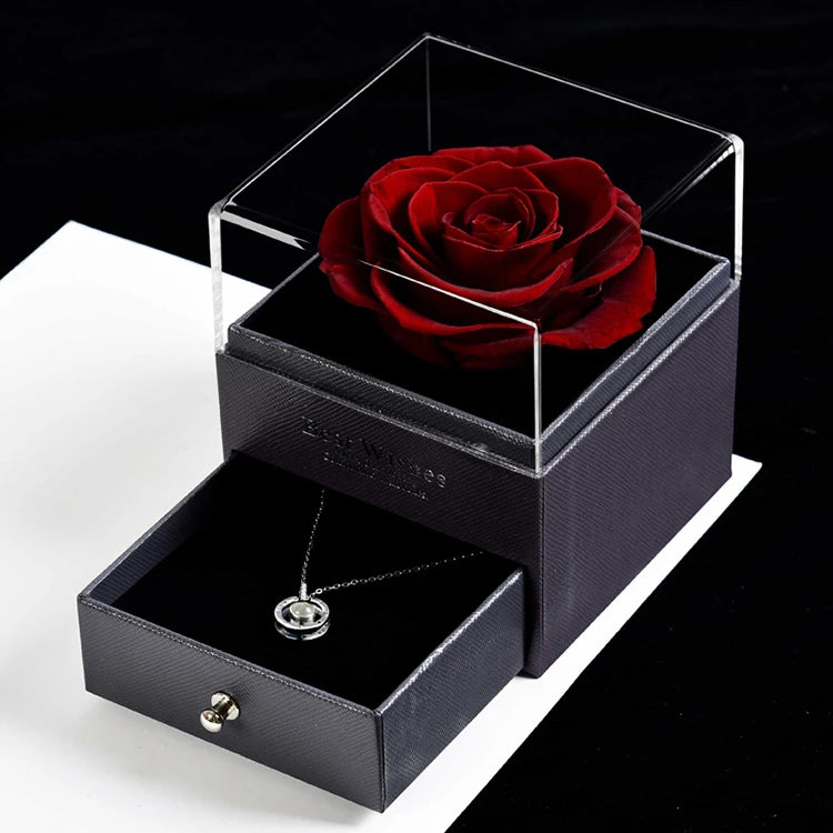 Preserved Rose Valentine Gift Everlasting Rose Flower Valentine Gift Necklace Jewelry Box Eternal Rose for Valentine