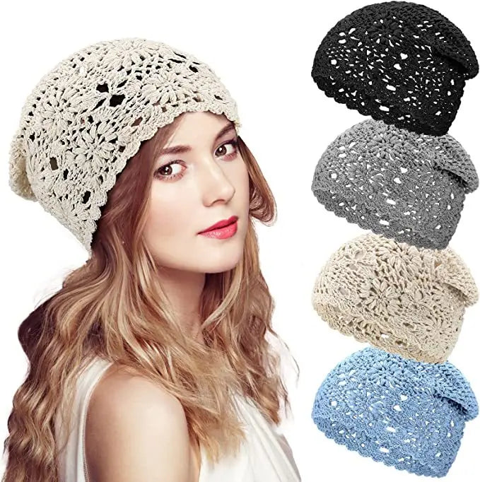 Vintage Women's 100% Cotton Beanie Hat Handmade Floral Design Thin Hollow Flower Crochet for Beach Wear-Wholesale