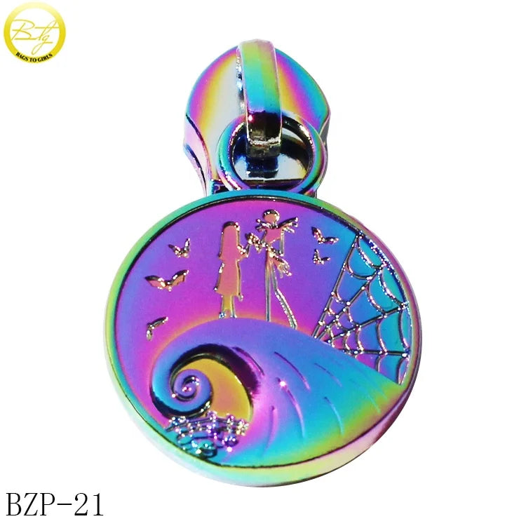 Round Shape Wallet Hardware Brand Metal Puller Customize rainbow logo Zipper Slider Tags Charms for Luggage