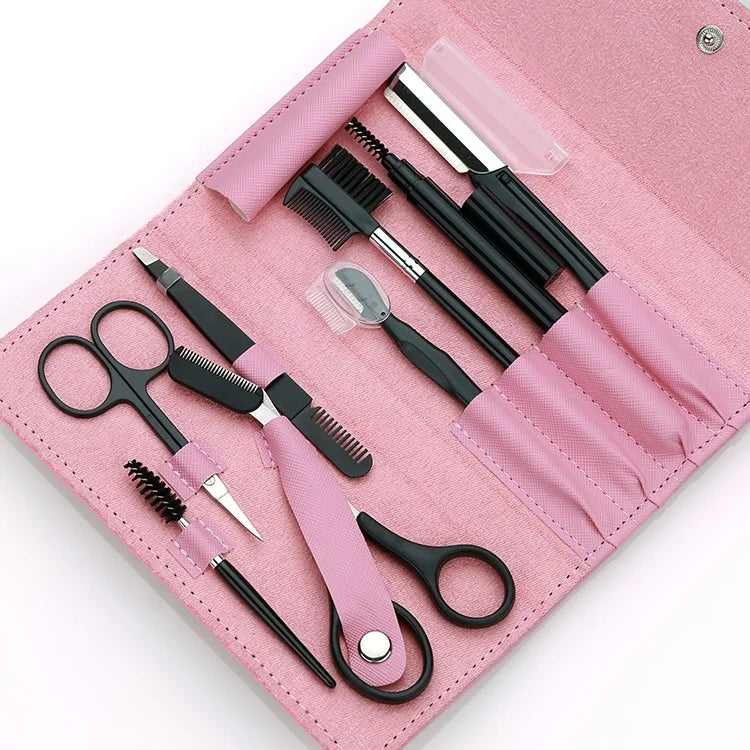 Black 8-Piece Makeup Tool Set Slanted Includes Eyebrow Trimmer Eyelash Scissors Brush Pencil Eyebrow Tweezers for Nail Art