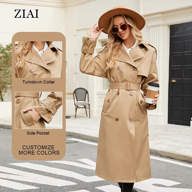 2025 New Spring Design Women's Long Khaki Trench Coat Waterproof Classic Double Breasted Camel Belt Trench Coat Women MegaBDM