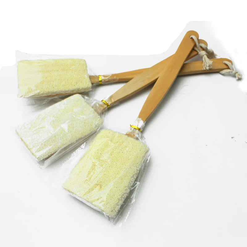Natural Loofah Bath Cleaning Brush with Long Wooden Handle and Removable Head for Back Exfoliating & Body Application