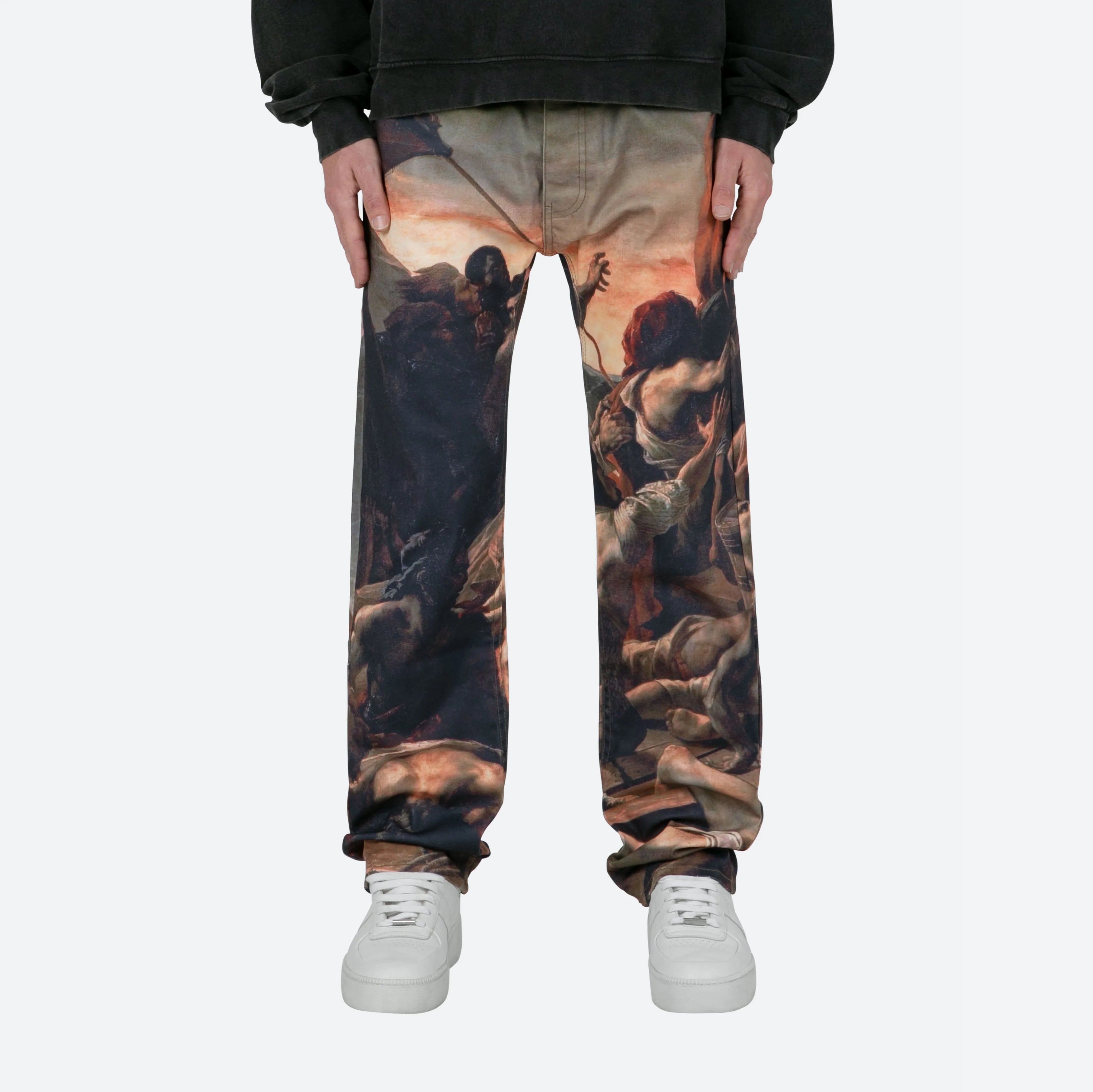 AeeDenim Custom Designers Men's Straight Stonewashed DTG Printed Sublimated Baroque Artwork Denim Jeans Long Pants